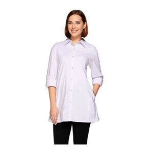 Denim & Co Women 3X Button Front Long Top Peach White Stripe Roll Tab Sleeve NWT